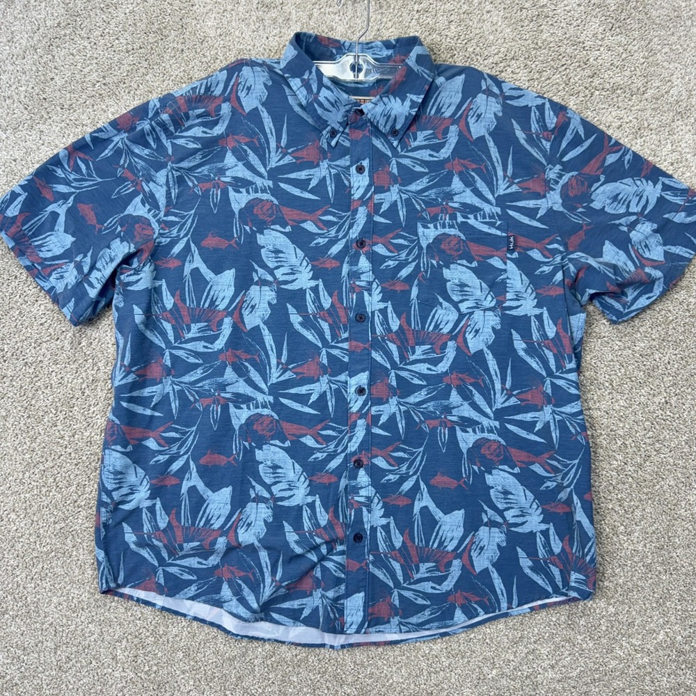 Huk Shirt Mens 2XL Performance Fishing Blue Tropical Fish Leaf Button Down EUC